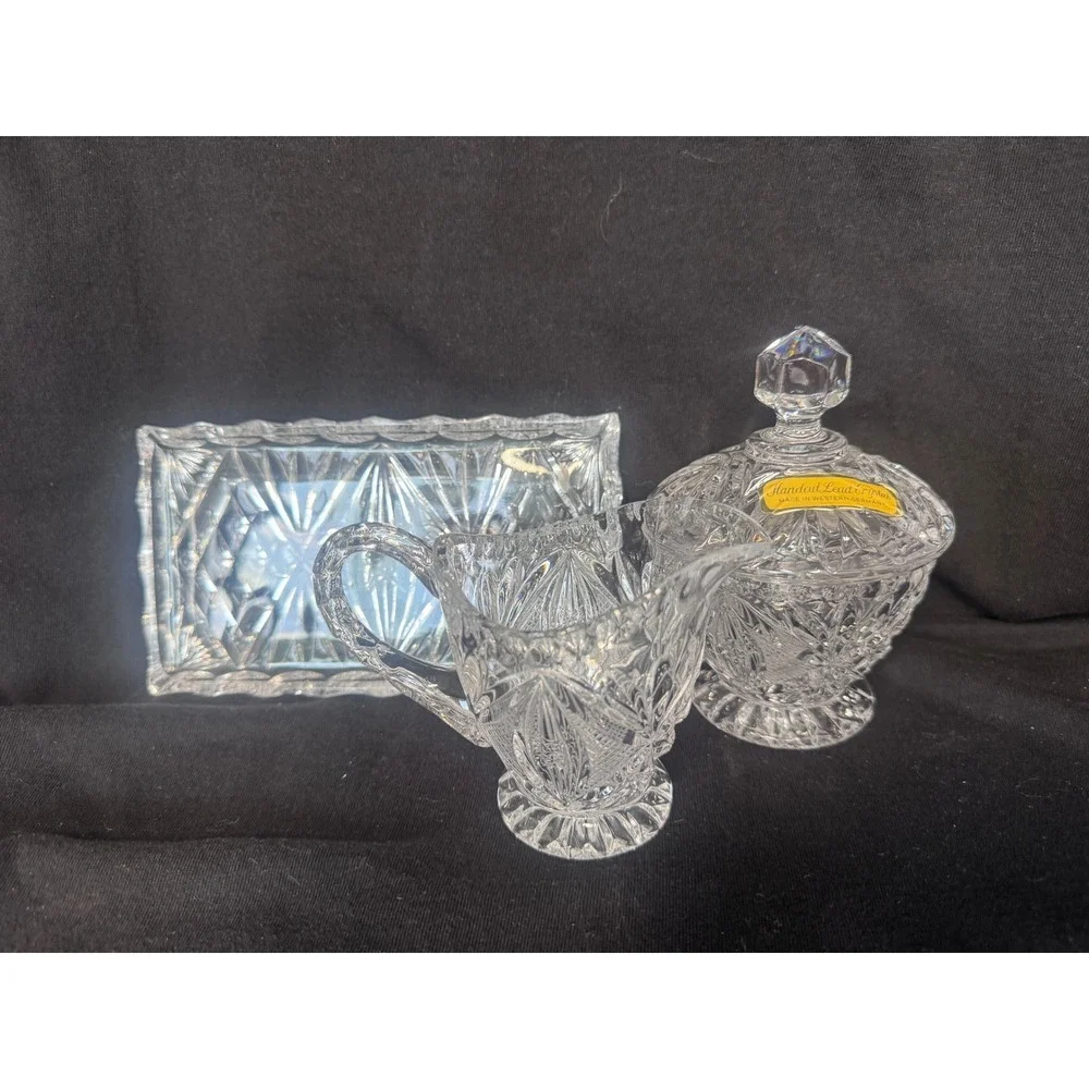 Vintage Handcut Lead Crystal Cream Sugar Set with Tray Western Germany Clear